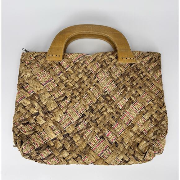 Vintage Woven Straw Raffia Handbag Wooden Handles Boho Tote Purse 70s 80s - Picture 1 of 11